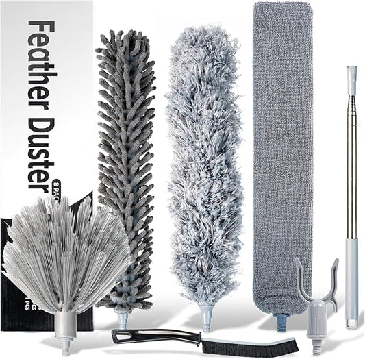 Microfiber Extendable Duster with Extension Pole Upto 100 Inch, 8 PCS Washable, Bendable, Reusable Long Handle Feather Dusters kit for Cleaning Ceiling Fan, High Ceilings, Blinds, Furniture & Cars