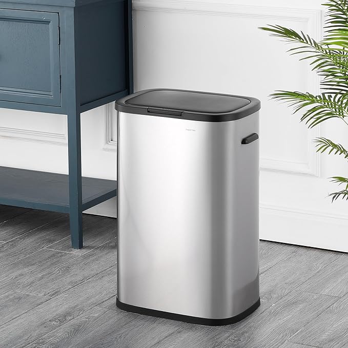 happimess HPM1017A Tammi Kitchen 14.5-Gallon Slim Metal Push Button Trash Can, Fingerprint Resistant, Modern, Minimalistic for Home, Kitchen, Laundry Room, Office, Bedroom, Bathroom, Platinum Silver