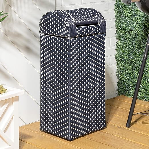 happimess HPM1201B Darla 14.27-Gallon All-Weather Wicker/Metal Swing Top Hideaway Outdoor Trash Can, Navy/White, Classic, Coastal, Casual Wastebin for Backyard, Patio, Porch, Kitchen