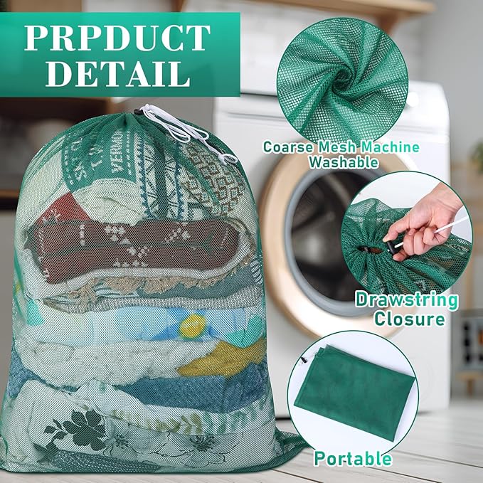 Windyun Mesh Laundry Bag, 9 Pcs 30" x 40" Heavy Duty Large Mesh Laundry Bags Drawstring Lockable Laundry Hamper Liner Machine Washable Bag for Travel Dorm Home College Storage Apartment(Green)
