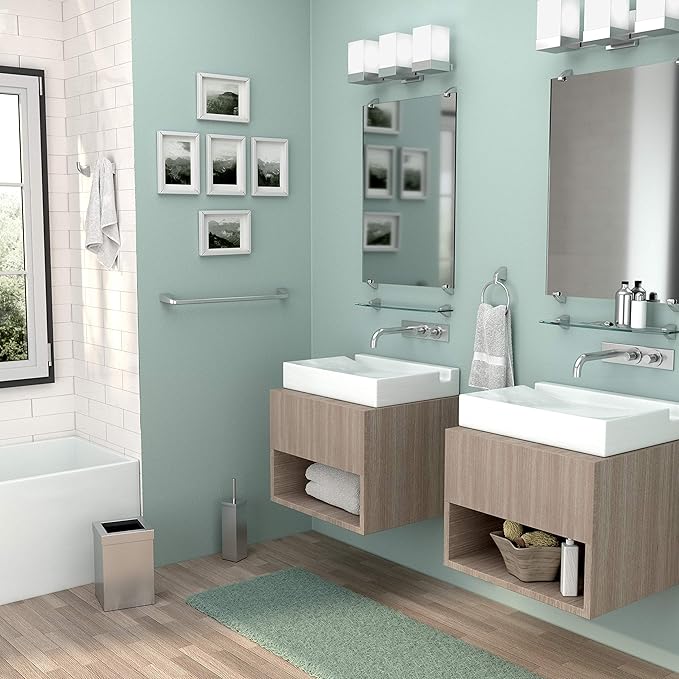 Gatco Modern Square Waste Basket and Toilet Brush Set, Satin Nickel - Stainless Steel Trash Can with Removable Lid, Leakproof, 3 Gallon Capacity for Bathroom, Bedroom, Kitchen, or Office