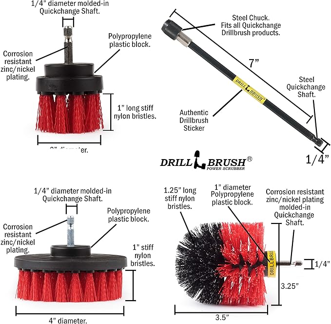 Drillbrush - Rotary Drill Brush Cordless Scrubber - Deck Scrub Brush Kit - Concrete, Marble, Brick, Stone, Ceramic Tile Cleaner Brushes - Bathroom Power Scrubbing Pads - Glass Shower Door Cleaner