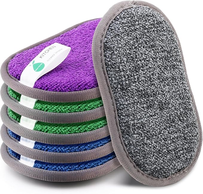 Multipurpose Sponges Kitchen,6 Pack Reusable Non-Scratch Scrub Sponge,Rough Scrubbers Side for Pots and Pans,Soft Microfiber Scrub Side for Washing Dishes