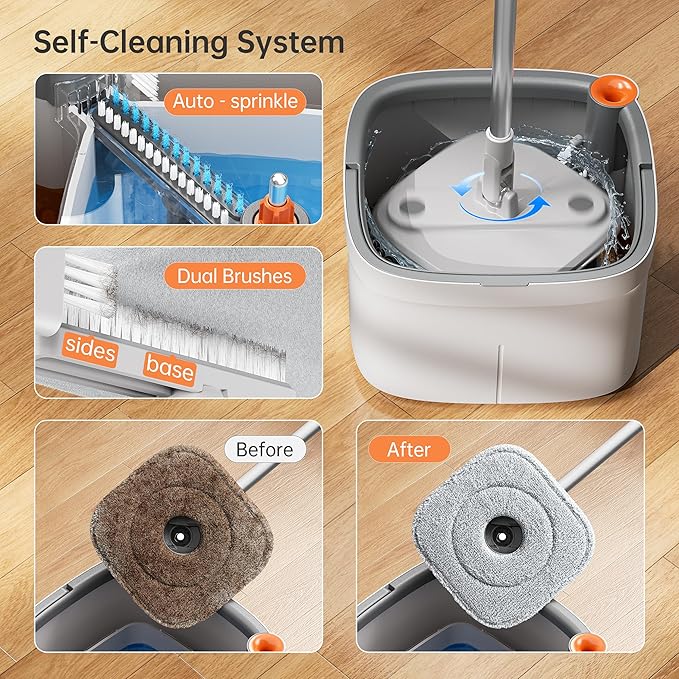 KZKR Spin Mop and Bucket Set with Self Separation Dirty and Clean Water System, Self Wringing 360° Rotating Square Mop Head for Home Floors Cleaning (1.0 Mop and Bucket Set (2 Pads))