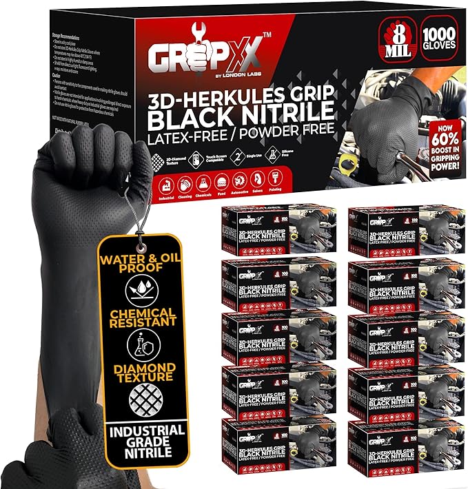 Herkules Grip Heavy Duty 8Mil Black Nitrile Gloves,3D Raised Diamond Texture-Latex & Powder-Free Industrial, Mechanic