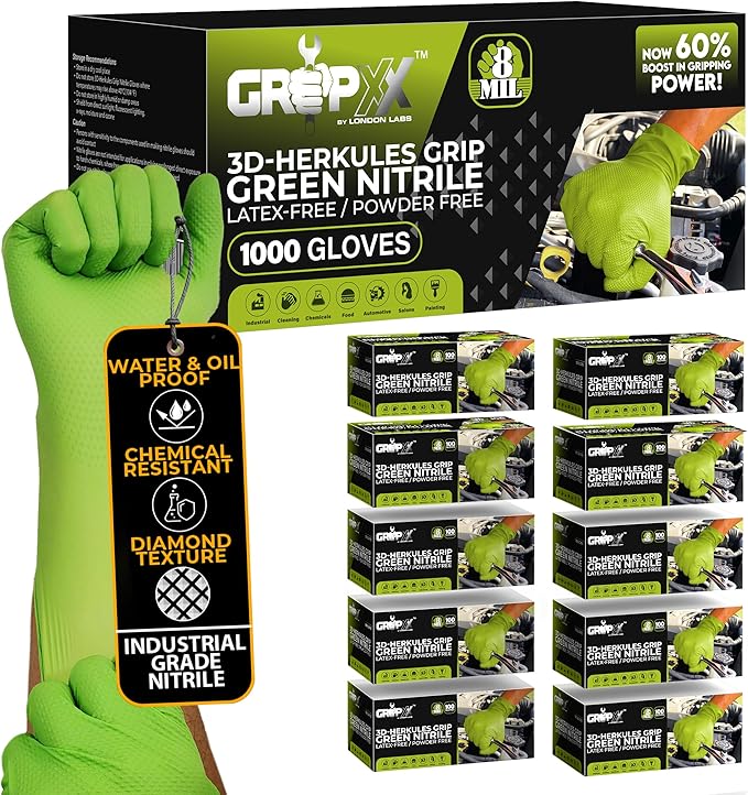 Herkules Grip Heavy Duty 8Mil Green Nitrile Gloves,3D Raised Diamond Texture-Latex & Powder Free-Industrial, Mechanic | Bulk Case of (1000 CT)