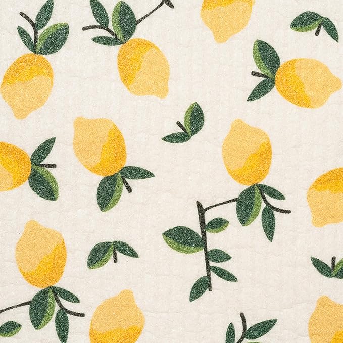 Swedish Dishcloths 3 Pack Yellow Lemons Print, Reusable Sponges Kitchen Cleaning Cloth Dish Scrubber, Machine Washable, Measures 7.87”x6.88 inches.