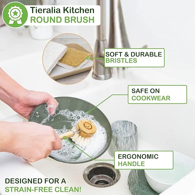 Tieralia Bamboo Dish Brush Gift Set – 5-Piece Kitchen Cleaning Bundle with Bottle Brush, Palm Brush, Scrub Brush & Sponge Pads | Elegant Wood Handles, Scratch-Safe Bristles, Giftable Packaging