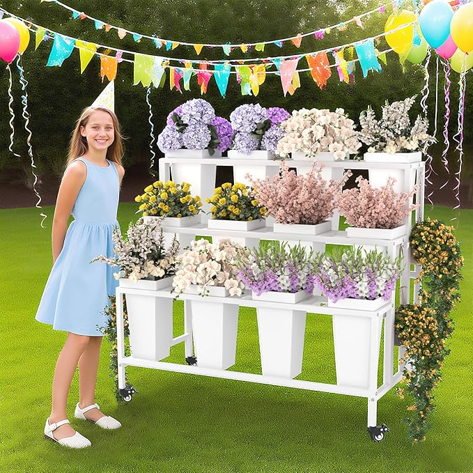 Flower Cart Display Stand with Buckets & Wheels – 3-Tier Mobile Flower Bar Cart for Shops, Weddings, Garden, and Home – Includes 12 Buckets & 4 Hooks