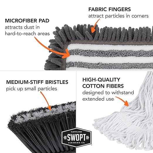 SWOPT Indoor Kit — Includes 18” Dust Mop, Cotton Mop, Angle Broom, 48” and 60” Steel Handles, and Organizer — Cleaning Heads with Long Handle Interchangeable with All SWOPT Cleaning Products