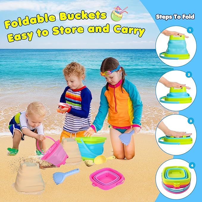 Collapsible Beach Sand Bucket 3 Packs Foldable Buckets Set with Shovels & Mesh Bag Collapsible Beach Toys for Kids Summer Sand Buckets for Kids Cruise Beach Essentials