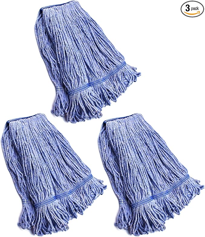 String Mop Heads Replacement Heavy Duty Commercial Grade Blue Cotton Looped End Wet Industrial Cleaning Mop Head Refills (3, Large)