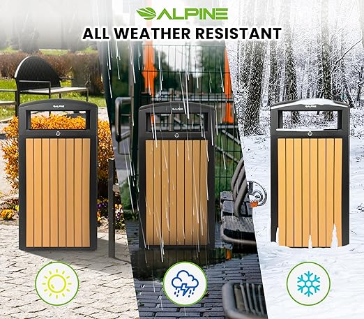 Alpine 40 Gallon Commercial Outdoor Trash Can with Lid - Modern Heavy Duty Large Outdoor Garbage Can with Durable Plastic Bin, Slatted Recycled Plastic Panels for Patio, Parks, Trails & Resorts (CD)