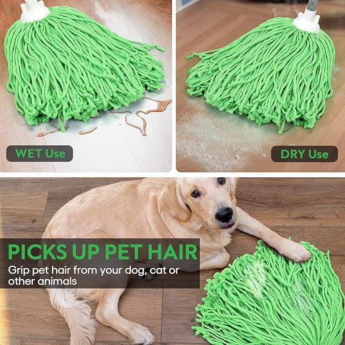Matthew Microfiber Mop Replacement Pack with Stainless Steel Spin Mop Handle - 54" Green (2 Mops w/1 Handle)