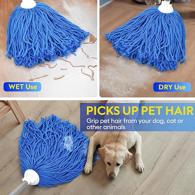 Matthew Microfiber Mop Replacement Compatible with Microfiber Cloth Mop Refill,Stainless Steel Spin Mop Replacement 54" Handle with Wet Mop for Floor Cleaning (2 Mop Heads w/1 Handle)-Blue