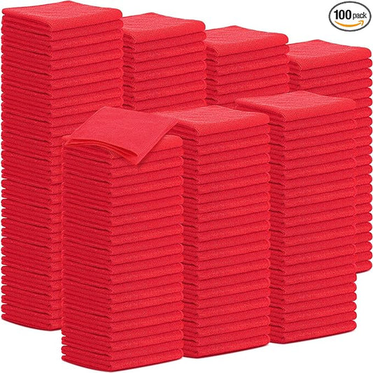 Tenare 100 Pack 12'' x 12'' Microfiber Cleaning Cloths Reusable Cleaning Rags Bulk Microfiber Towels Softer Highly Absorbent Washcloths for House Kitchen Car Window(Red)