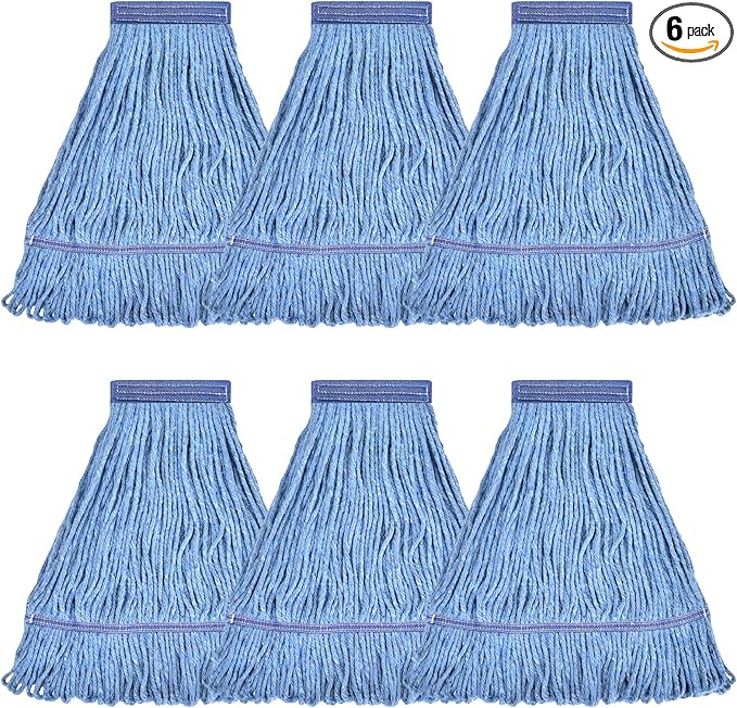Matthew Cleaning Heavy Duty Mop Head Commercial Replacement for General and Floor Cleaning , Wet Industrial Blue Cotton Looped End String Head Refill (Pack of 6) Blue