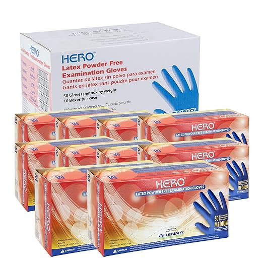 Adenna HERO Disposable Latex Gloves - 14 Mil, NFPA-Approved Heavy Duty Glove with 12" Extended Cuff & Micro-Textured Grip, Exam Grade, Powder Free, Case of 500, Medium, Blue