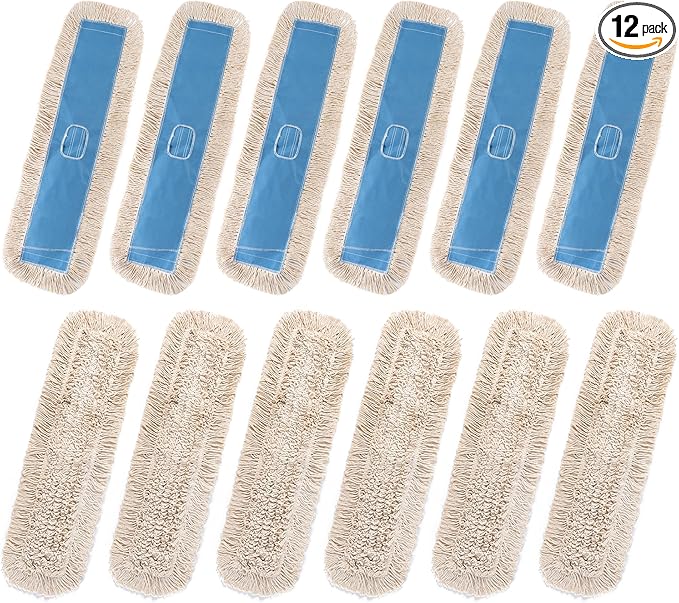 Matthew Cleaning 36'' Industrial Strength Cotton Dust Mop Refill Washable Replacement Heads for Residential & Commercial Use Fit Standard Dust Mop Frames, Hardwood, Concrete Floors Blue&White 12 Pack