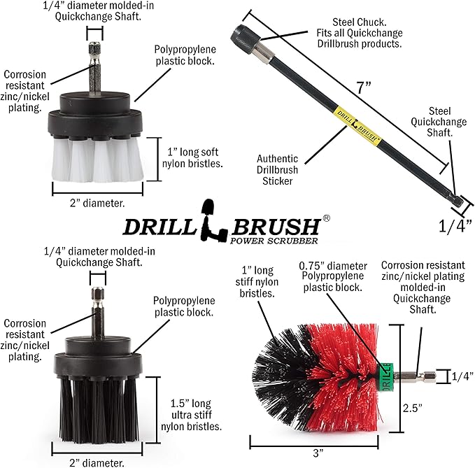Ultimate Drillbrush Variety Kit with Long Reach Extension - Power Scrubber - Glass Cleaner - Bathroom Accessories - Shower Cleaner - Kitchen Accessories - Deck Brush – Grout Cleaner - Garden Statues