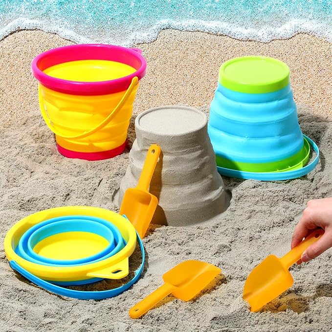 Realspring 3 Sets Collapsible Sand Buckets with Shovels Foldable Pail Buckets for Kids 2.5 l Colorful Collapsible Beach Toys Bulk for Summer Beach Party Outdoor Activity