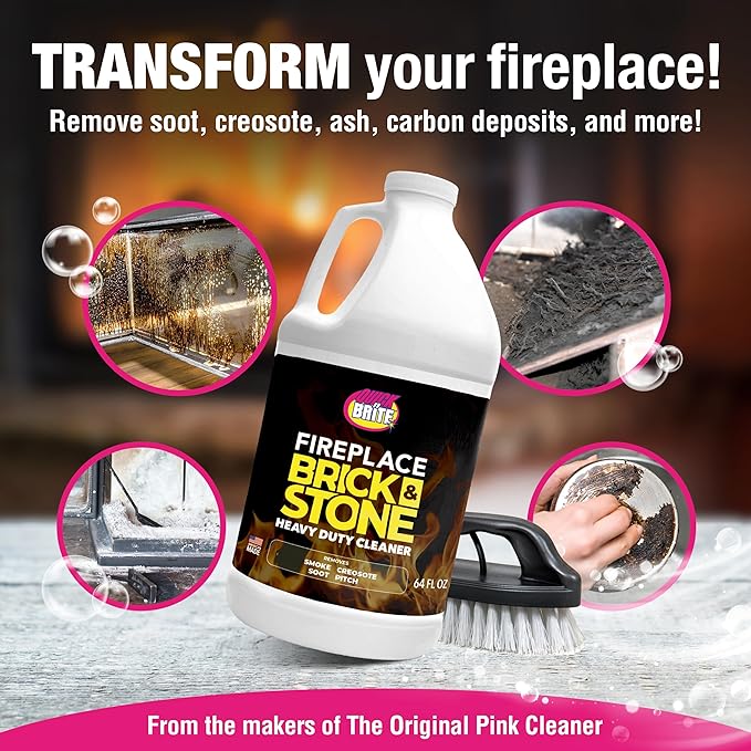 Quick N Brite Fireplace Gel Cleaner with Scrub Brush for Brick, Stone, Rock, Tile, and Marble, Nonabrasive Fireplace Cleaner, Made in the USA, 64oz