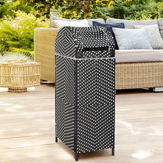 happimess HPM1202E Darla 31.39-Gallon All-Weather Wicker/Metal Swing Top Hideaway Outdoor Trash Can, Dark Navy/White, Classic, Coastal, Casual Wastebin for Backyard, Patio, Porch, Kitchen