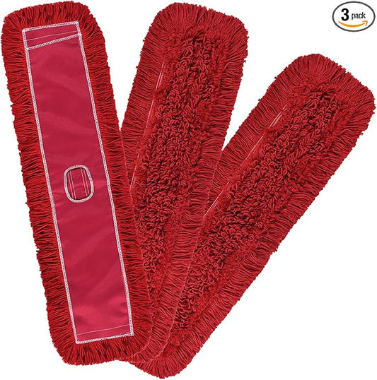 Matthew Cleaning 36'' Industrial Strength Cotton Dust Mop Refill Washable Replacement Heads for Residential & Commercial Use Fit Standard Dust Mop Frames, Hardwood, Concrete Floors Red 3 Pack