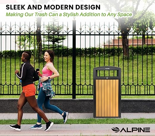 Alpine 40 Gallon Commercial Outdoor Trash Can with Lid - Modern Heavy Duty Large Outdoor Garbage Can with Durable Plastic Bin, Slatted Recycled Plastic Panels for Patio, Parks, Trails & Resorts (CD)