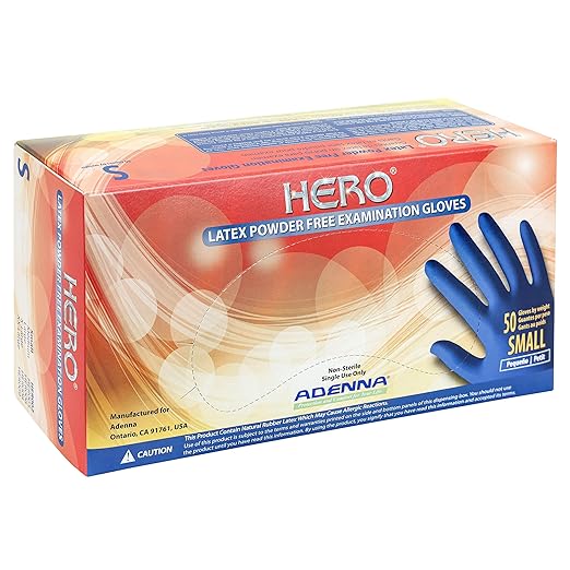 Adenna HER002 Hero 14 mil Powder-Free Latex Gloves, Extended Cuff, Medical Grade, Blue, Small, Box of 50