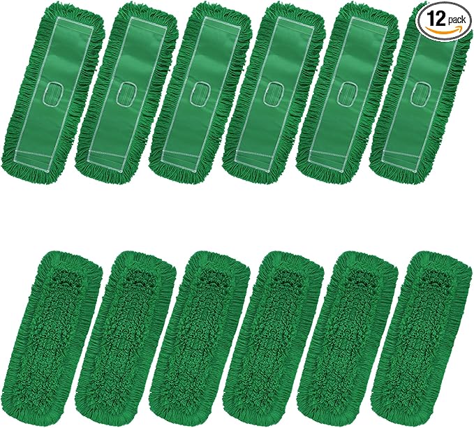 Matthew Cleaning 24'' Industrial Strength Cotton Dust Mop Refill Washable Replacement Heads for Residential & Commercial Use Fit Standard Dust Mop Frames, Hardwood,Concrete Floors Green 12 Pack