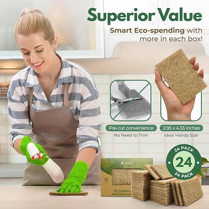 Plant Based Kitchen Scouring Pads - Pack of 24 Coconut Husk Non Abrasive Scrubbing Pads - Multipurpose Scrubbies for Dishes - Heavy Duty Dishes, Pan and Pot Scrubbers for Kitchen Non Scratch