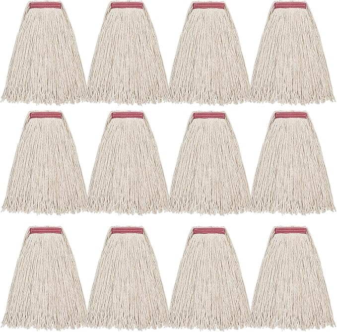 MATTHEW CLEANING 16oz 12Pack Cotton Mop Head Replacement,Cotton Looped-Open String Heavy Duty String Mop Refills, Universal Headband Blend,Floor Cleaning for Home, Industrial and Commercial Use(White)