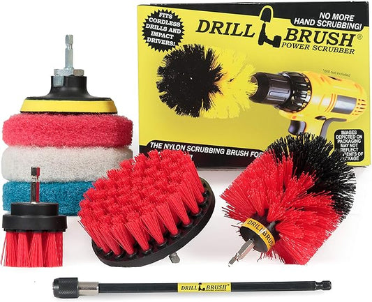 Drillbrush - Rotary Drill Brush Cordless Scrubber - Deck Scrub Brush Kit - Concrete, Marble, Brick, Stone, Ceramic Tile Cleaner Brushes - Bathroom Power Scrubbing Pads - Glass Shower Door Cleaner