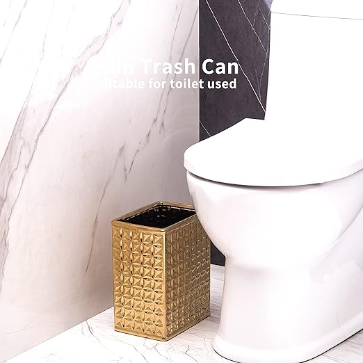 Trash Can for Bathroom, Small Office Garbage Can for Kitchen, Slim Rectangular Waste Bin, Ceramic, Gold