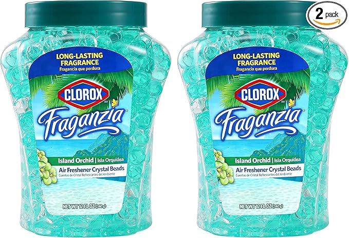 Clorox Fraganzia Crystal Beads Air Freshener Value Pack in Island Orchid Scent - Long-Lasting Odor Eliminator Gel Beads to Freshen Home, Car, or Office, 12 Fl Oz Twin Pack (24 Oz Total)