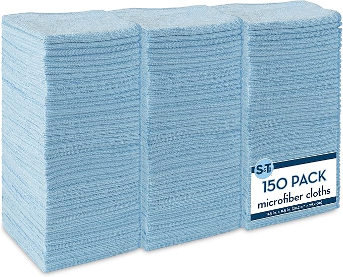 S&T INC. 150 Pack Microfiber Cleaning Cloth, Bulk Towels for Home, Reusable Microfiber Towels for Cars, Cleaning Rags, Light Blue, 11.5 Inches x 11.5 Inches, 150 Count