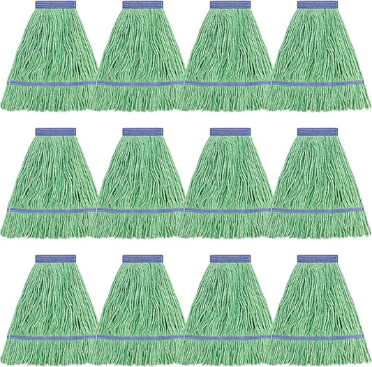 Matthew Cleaning Heavy Duty Mop Head Commercial Replacement for General and Floor Cleaning, Wet Industrial Blue Cotton Looped End String Head Refill (Pack of 12) Green