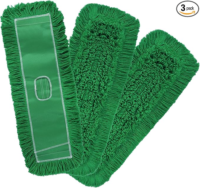 Matthew Cleaning 24'' Industrial Strength Cotton Dust Mop Refill Washable Replacement Heads for Residential & Commercial Use Fit Standard Dust Mop Frames, Hardwood,Concrete Floors Green 3 Pack