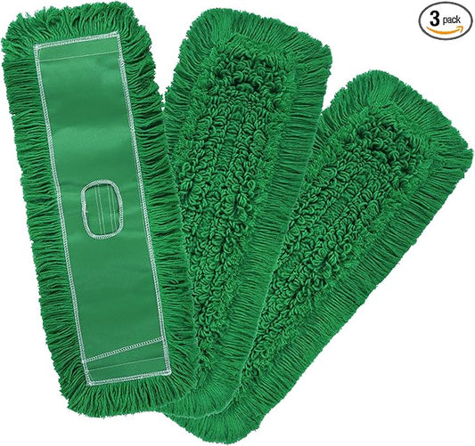 Matthew Cleaning 24'' Industrial Strength Cotton Dust Mop Refill Washable Replacement Heads for Residential & Commercial Use Fit Standard Dust Mop Frames, Hardwood,Concrete Floors Green 3 Pack