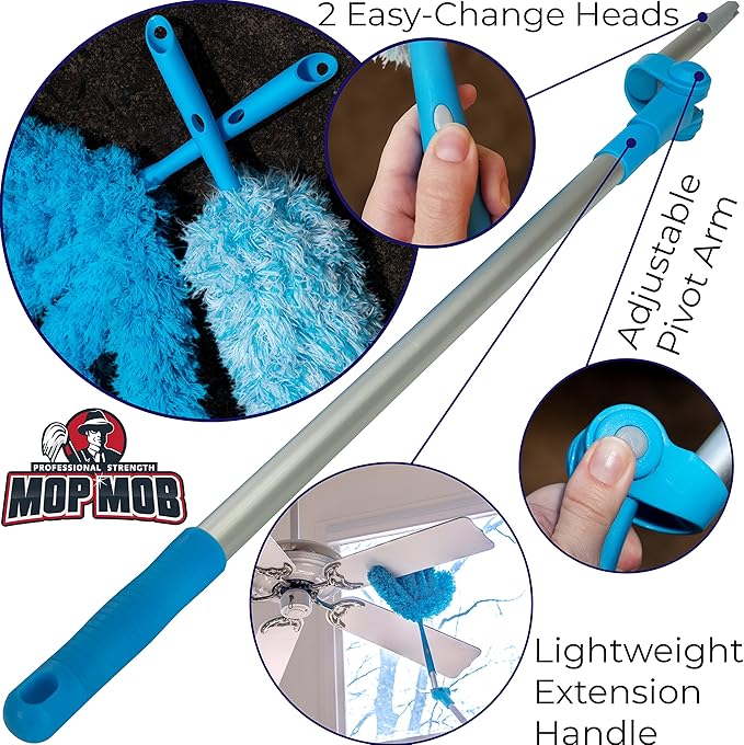 Extendable Washable Microfiber Duster and Blind Cleaner w/Pivoting Head and Extension Pole. Telescopic Arm and Flexible Heads for Easy Ceiling and Cobweb Dusting. Detachable Dusters = Quick Cleaning
