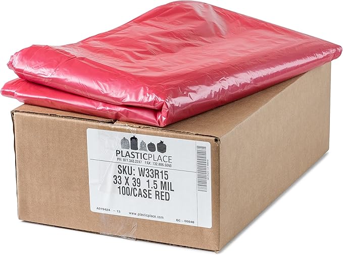 Plasticplace 32-33 Gallon Trash Bags │ 1.5 Mil │ Red Garbage Can Liners │ 33’” x 39” (100 Count)