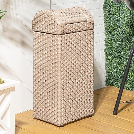 happimess HPM1201D Darla 14.27-Gallon All-Weather Wicker/Metal Swing Top Hideaway Outdoor Trash Can, Light Pink/White, Classic, Coastal, Casual Wastebin for Backyard, Patio, Porch, Kitchen