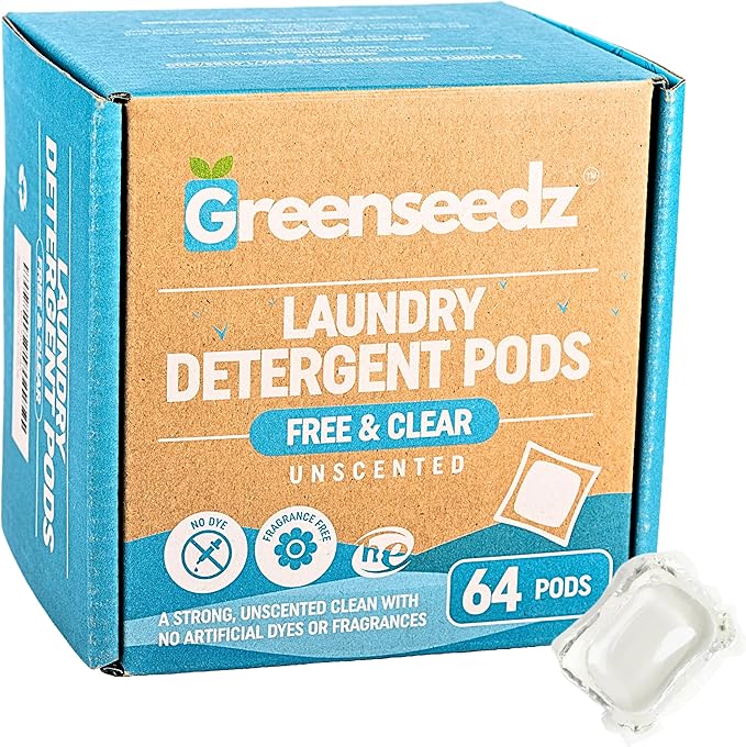 Laundry Detergent Pods Free & Clear, Unscented, 64 Count, Eco Friendly, Biodegradable, HE Compatible, Powerful Stain & Odor Removal, Skin Friendly