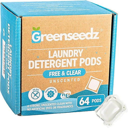 Laundry Detergent Pods Free & Clear, Unscented, 64 Count, Eco Friendly, Biodegradable, HE Compatible, Powerful Stain & Odor Removal, Skin Friendly