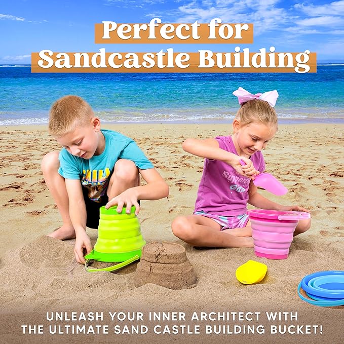 JOYIN 3 Packs Foldable Pail Bucket with Shovels & Mesh Bag, Collapsible Buckets Multi Purpose for Beach, Camping Gear, Beach Party, Fishing, and Fun Summer Activities (Blue/Pink/Green)