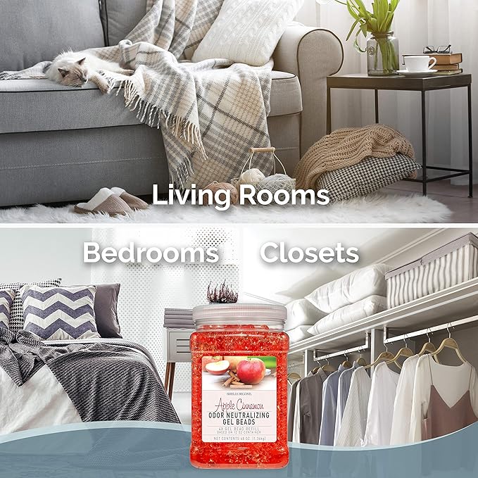 SMELLS BEGONE 48 oz Odor Eliminator Gel Bead Refill - Eliminates Odors from Bathrooms, Cars, Boats, RVs & Pet Areas - Air Freshener - Made with Essential Oils - Apple Cinnamon Scent