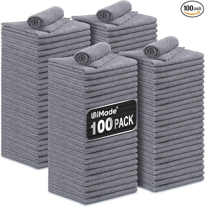 Microfiber Cleaning Cloth, 100 Pack Microfiber Towels for Cars Commercial Grade Work Rags Bulk Detailing Cloth for Automotive Bar Mechanic Restaurant Garage Housekeeping, 11.5"x 11.5", Grey