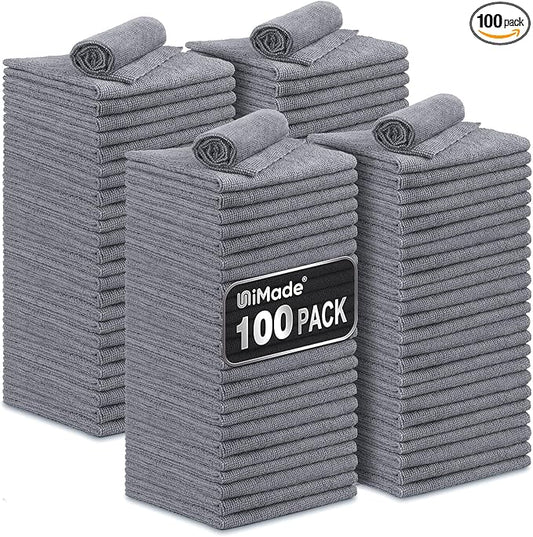 Microfiber Cleaning Cloth, 100 Pack Microfiber Towels for Cars Commercial Grade Work Rags Bulk Detailing Cloth for Automotive Bar Mechanic Restaurant Garage Housekeeping, 11.5"x 11.5", Grey