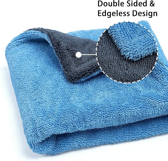 Greenfound Microfiber Towel for Cars, 1000GSM Car Drying Towel, Double Twist Pile & Edgeless Design, No Streaks, Scratches, or Water Spots, Soft and Absorbent, 18"×24", Blue&Grey